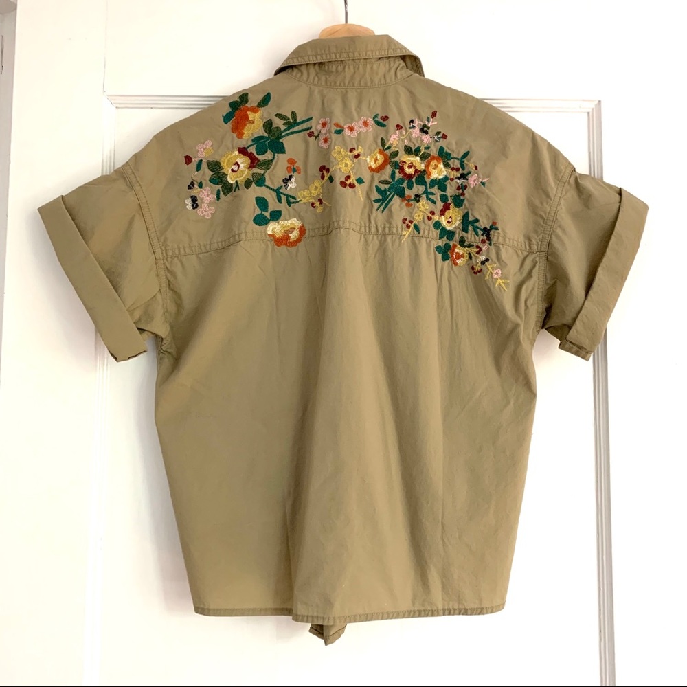 Madewell Floral Embroidered Olive Button-down Top